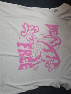 Girls Beige Tee with Pink Butterfly Graphic